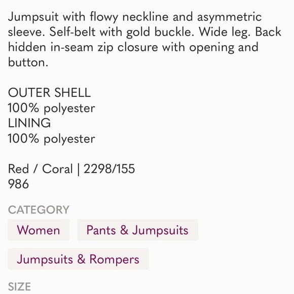 ASYMMETRIC CREPE BUCKLE JUMPSUIT
RED / CORAL . SIZE M, L - Picture 16 of 16